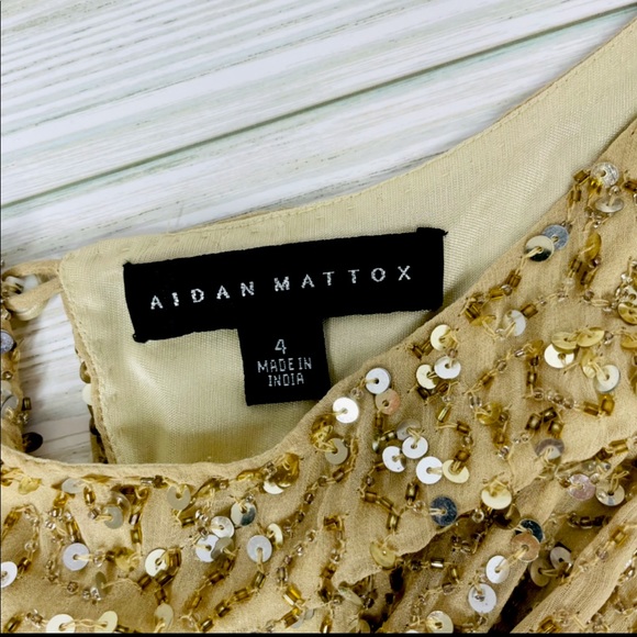 AIDAN MATTOX Gold Sequin Beaded Silk Split Sleeve Cocktail Dress NWT Size 4 - Picture 4 of 7